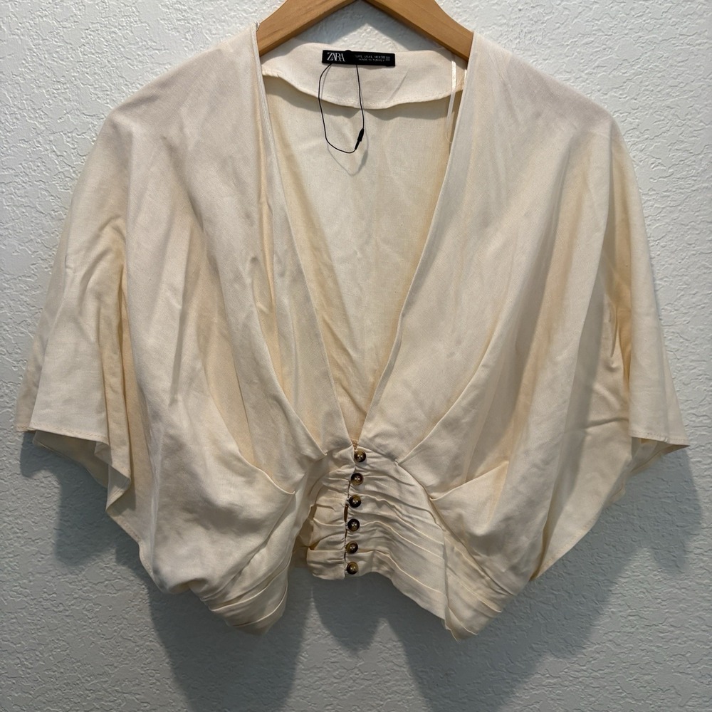 NEW Zara Dolman Top Large Cinched Waist Deep V Cream Crop